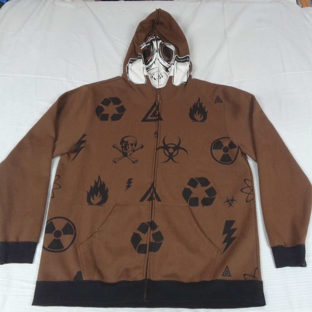 VINTAGE ZIP UP SKULL BIOHAZARD HOODIE FULL FACE ZIP UP BROWN JACKET 2XL XXL L524